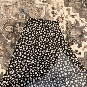 Black and White Floral Midi Skirt with Slit